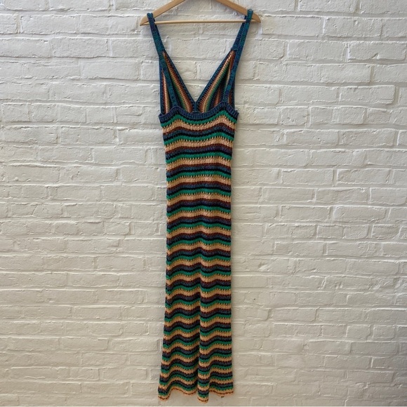 Zara || Striped Crochet Knit V-Neck Bloggers Favorite Dress Cotton Large - Picture 5 of 10